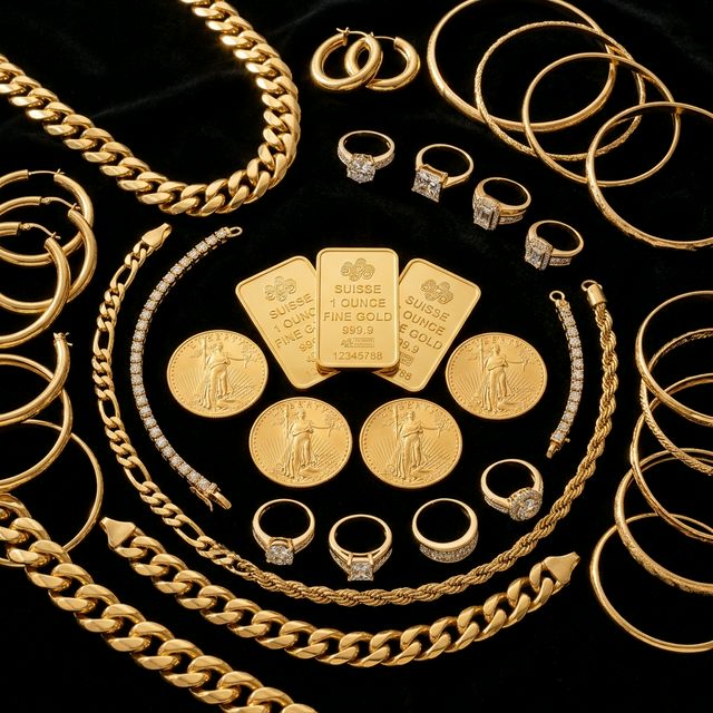 Gold bars, coins, chains and jewelry we buy for cash in Pleasanton